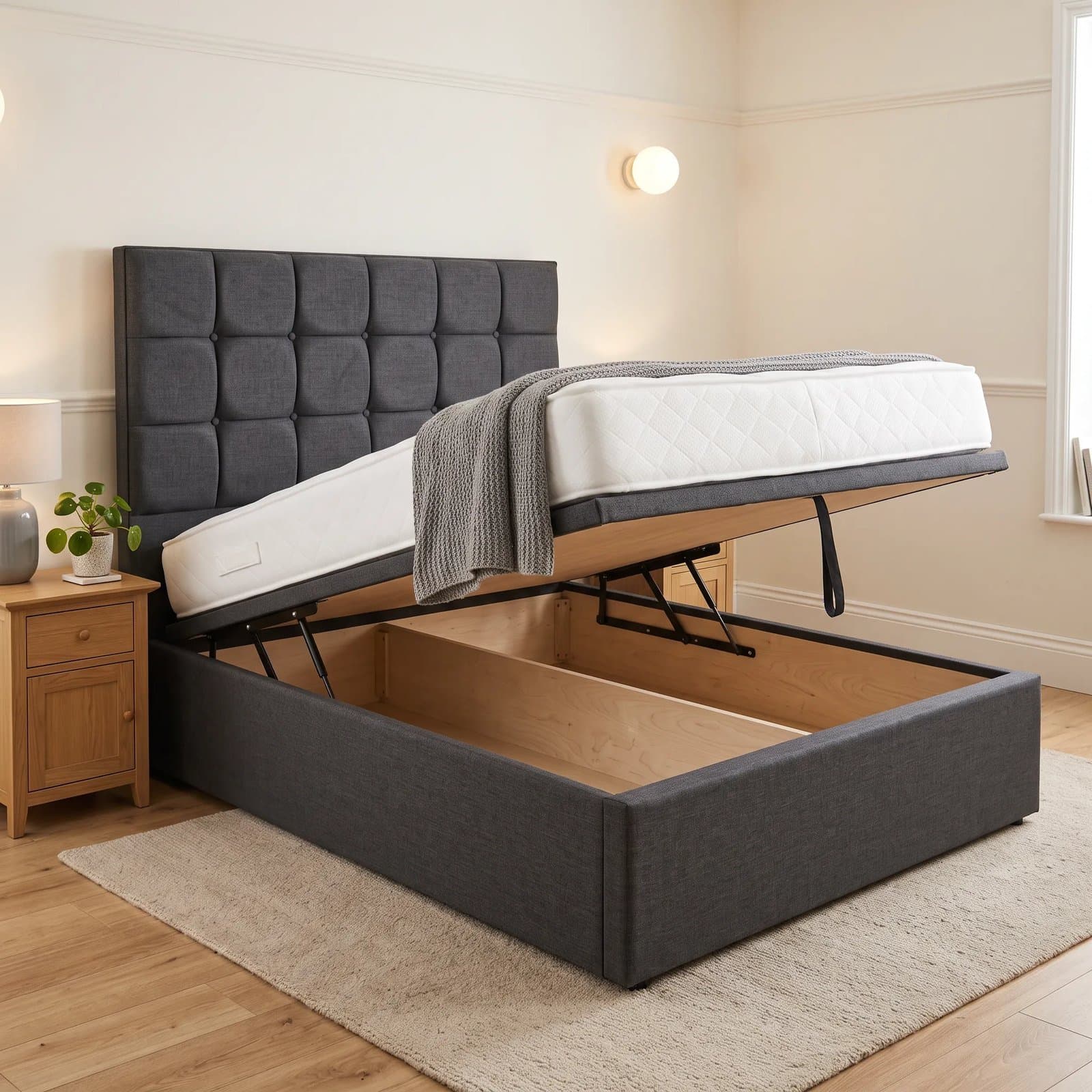 Oslo ottoman storage bed with a square-buttoned headboard, base raised to show the full-length storage