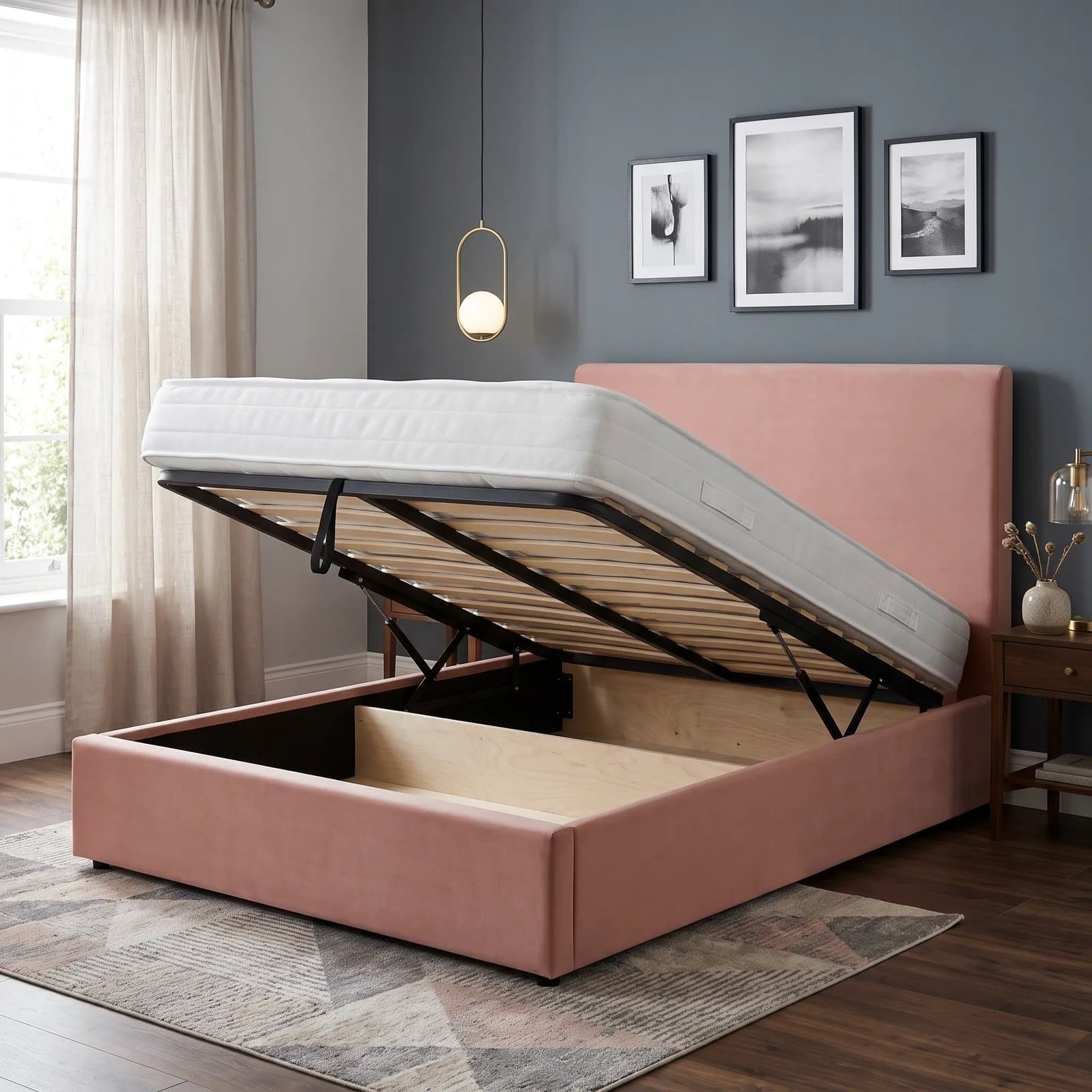 Dakar ottoman storage bed with a flat upholstered headboard, base raised to show the full-length storage