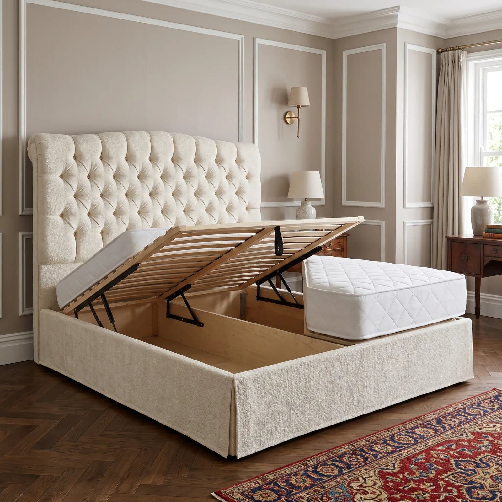 Seville Chesterfield ottoman storage bed with a diamond-buttoned Chesterfield headboard, base raised to show the full-length storage
